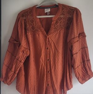 Knox Rose Burnt Orange Lace-Panel Button-Front Blouse